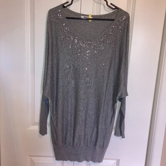 #75 DKNY Grey Sweater Dress with Silver Sequins, Size Small - Picture 1 of 7
